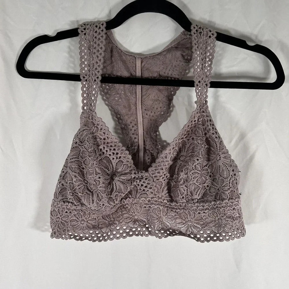 aerie Bralette Women's Large Dark Pink Floral Lace Open Knit Straps Pull On - Picture 1 of 8